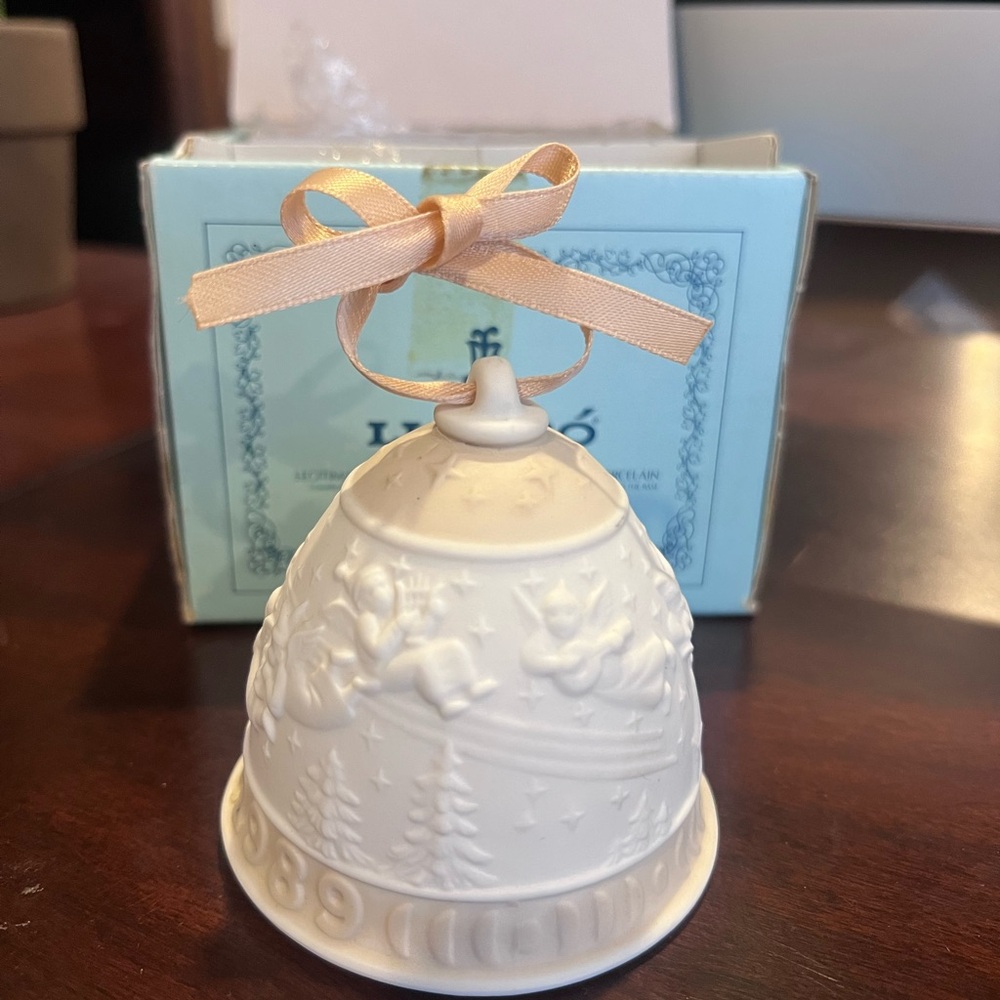 Lladro White Ceramic Bell with Gold Chain
